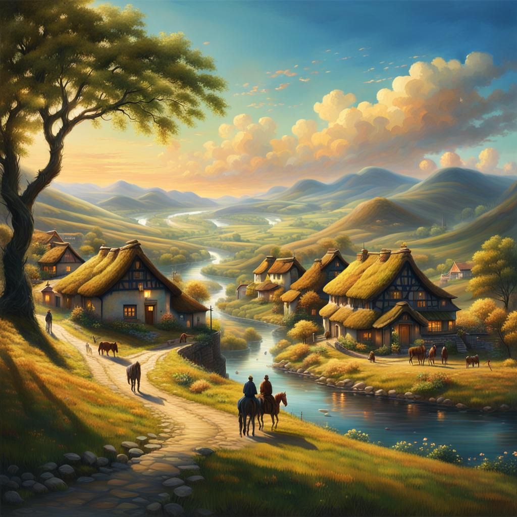 Realistic River Town Landscape with Vibrant Colors