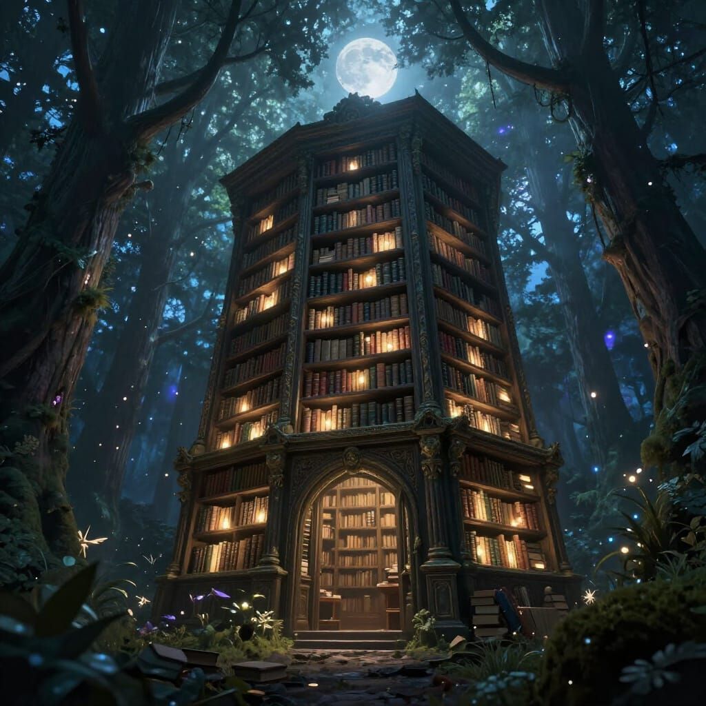 Ancient Library in Bioluminescent Forest