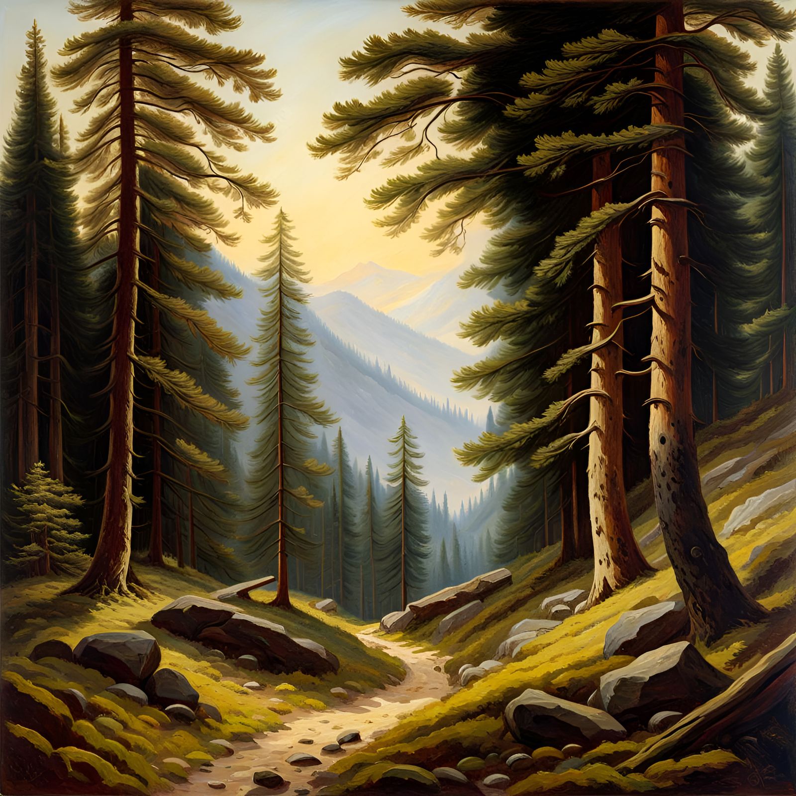 Alpine Path Through Pine Forest Oil Painting