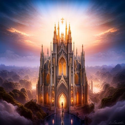 Angelic Cathedral Above Clouds: Detailed Matte Painting