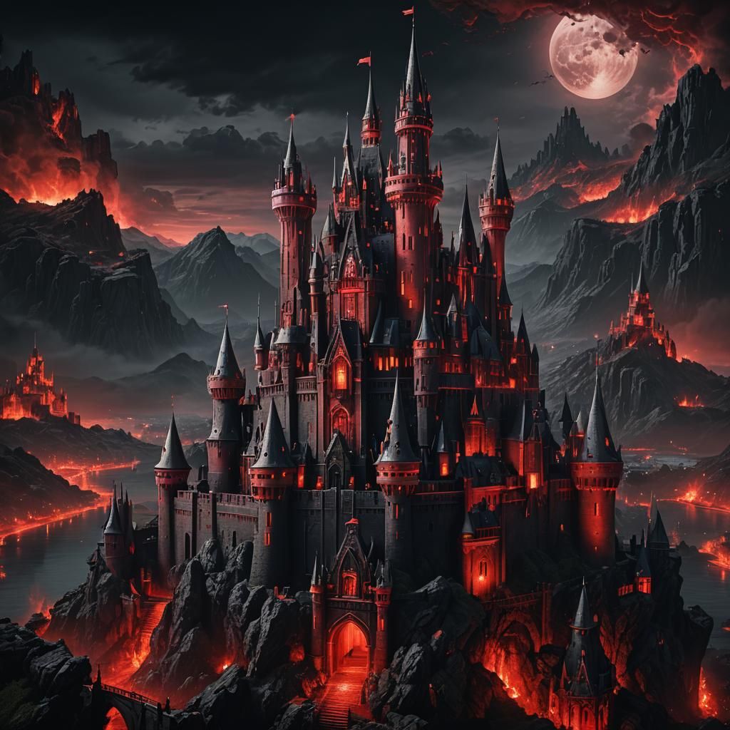 Evil Black Castle Glowing Red: Fantasy Concept Art