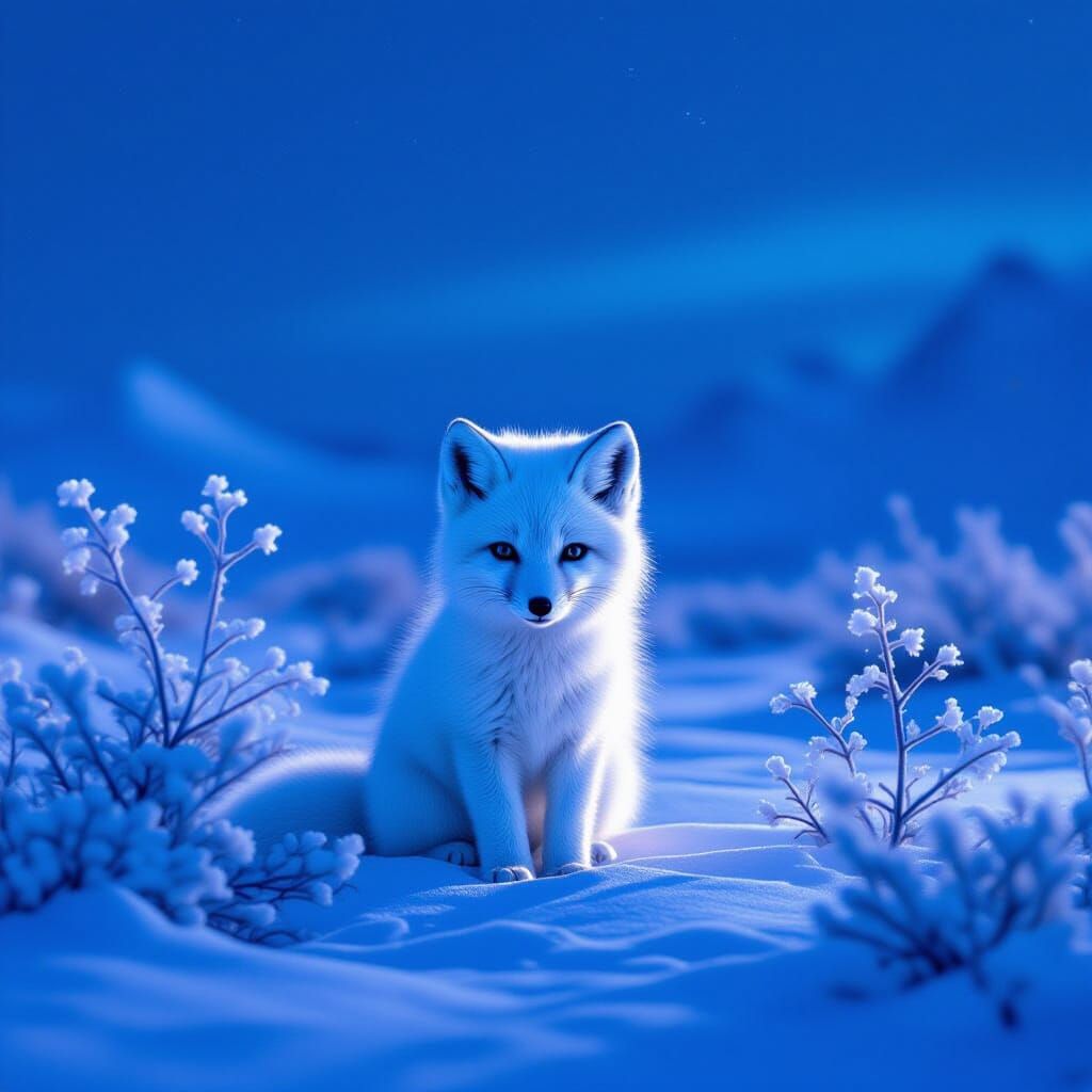 Arctic Fox Cub in Bioluminescent Twilight Landscape