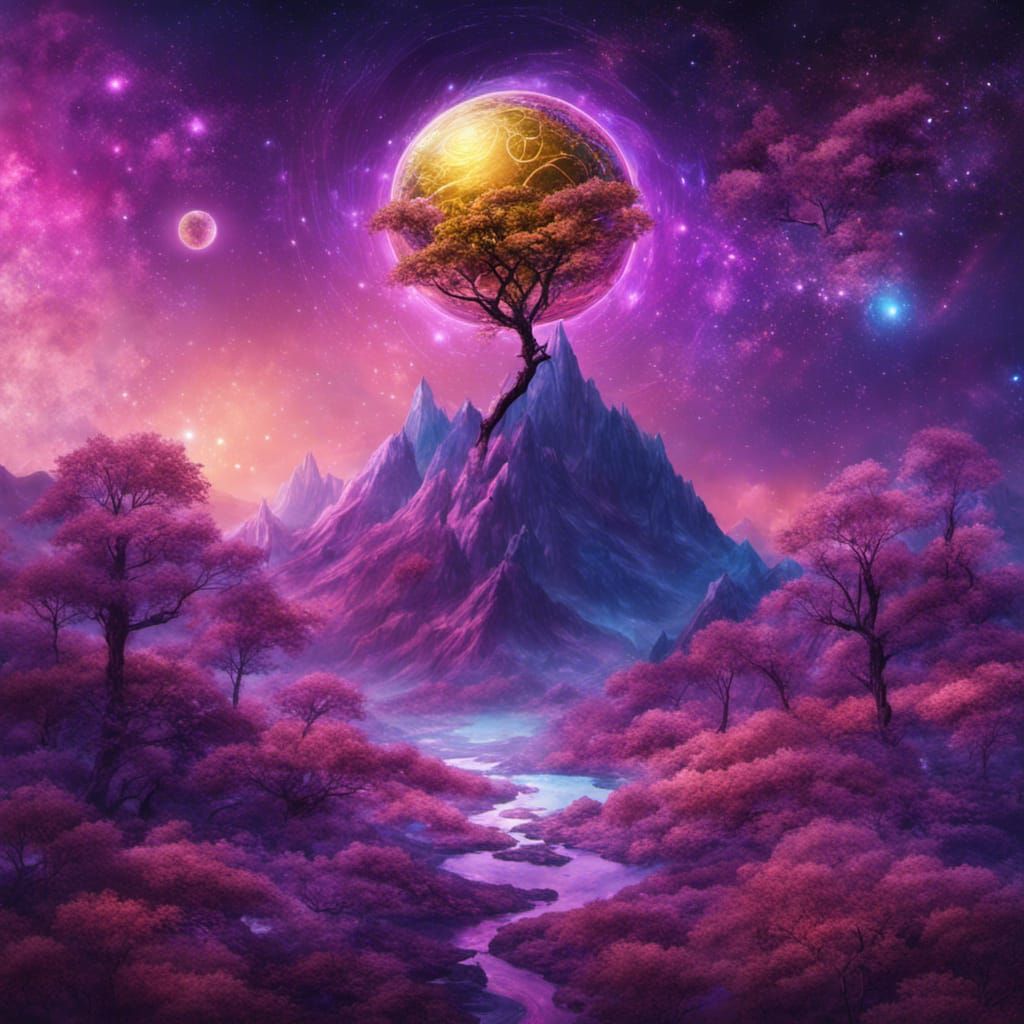 Purple Planet with Golden Tree: Cosmic Illustration