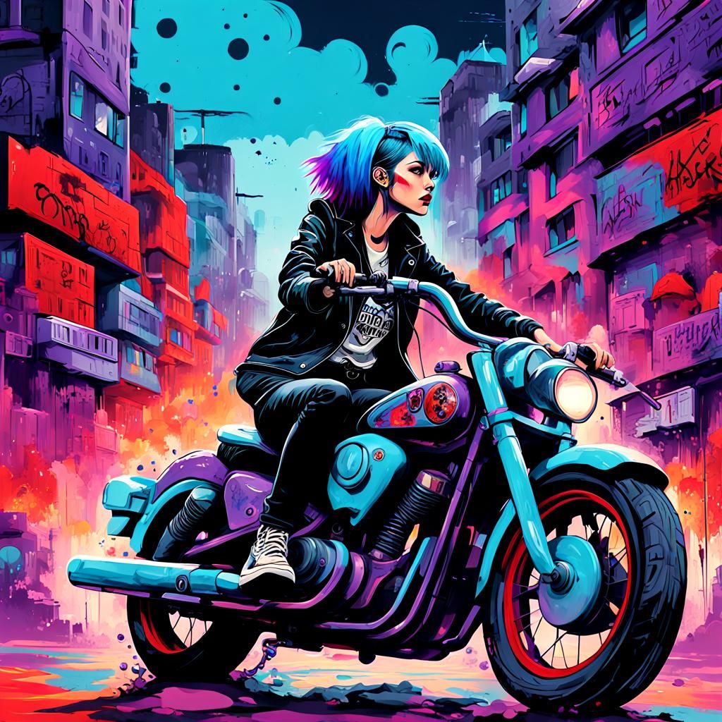Goth-Punk Graffiti Art: Blue-Haired Rider in Dystopian City