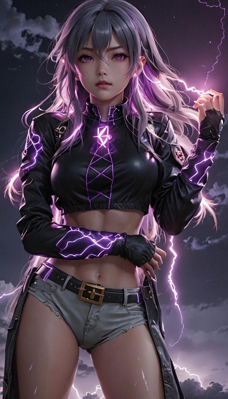 Neon Moon and Purple Lightning in Anime Style