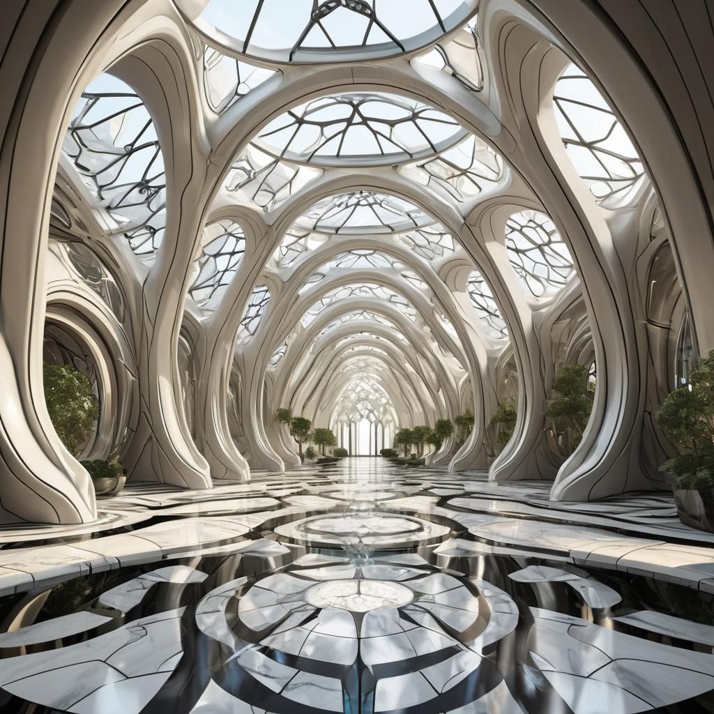 Futuristic Luxury Hall with Steampunk Gardens