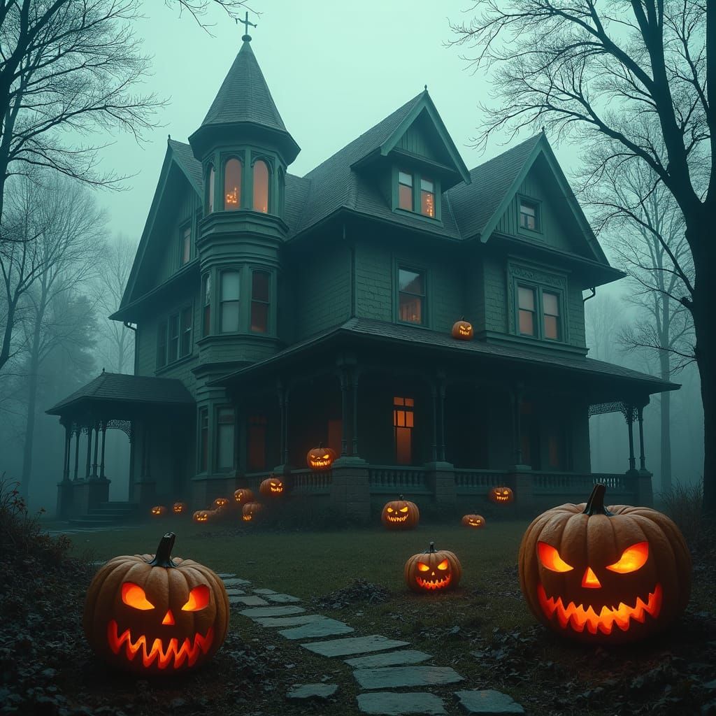 Creepy Victorian Mansion with Jack-o'-Lanterns