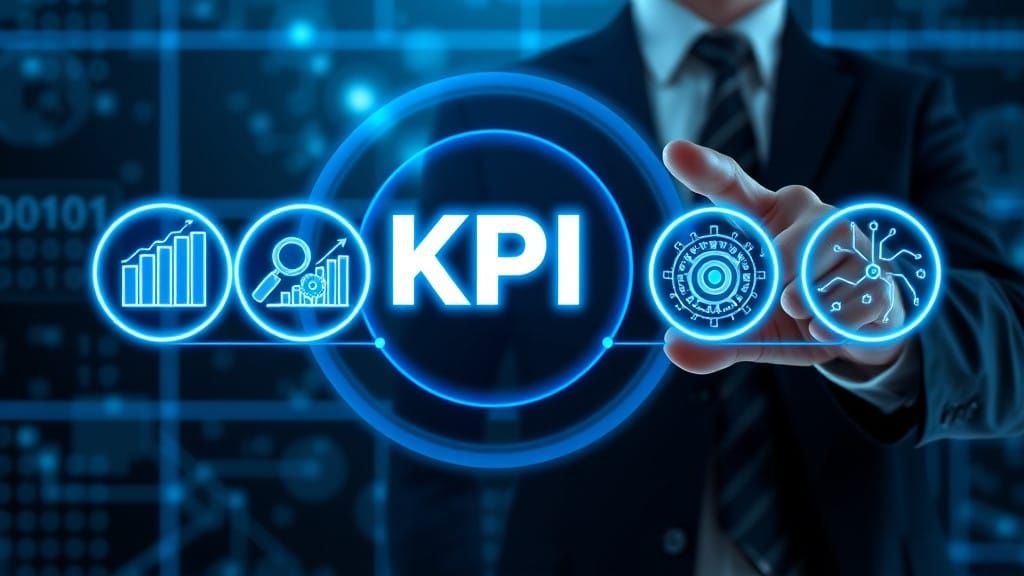 Futuristic Business Professional Interacts with KPI Dashboar...
