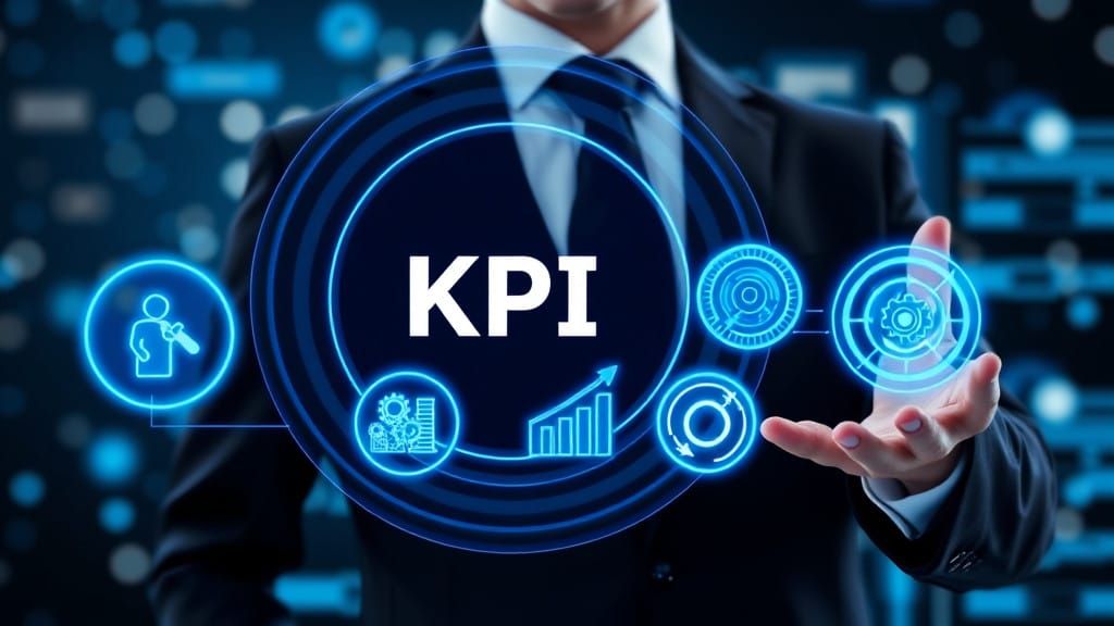 Business Professional Interacts with Futuristic KPIs in Dark...