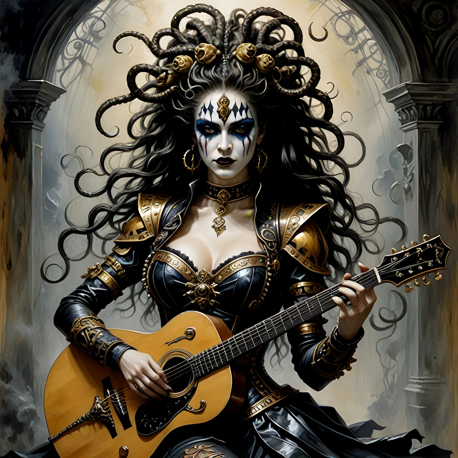 Medusa Harlequin Plays Guitar in a Vibrant War-Torn Landscap...