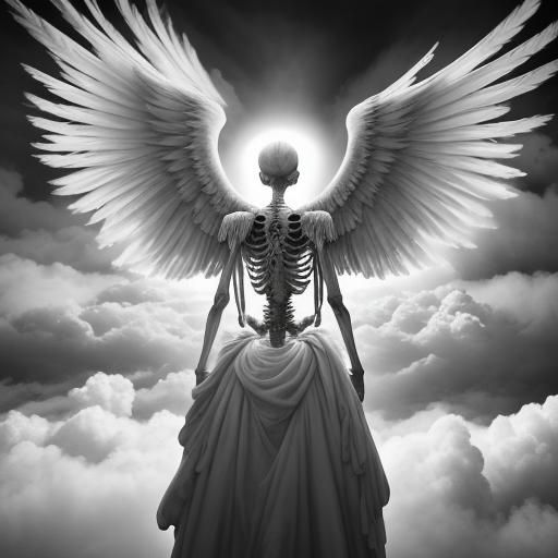 in the clouds , color Infrared photography, Jerry Uelsmann, apparition of a winged skeleton angel, angel of Death, ...
