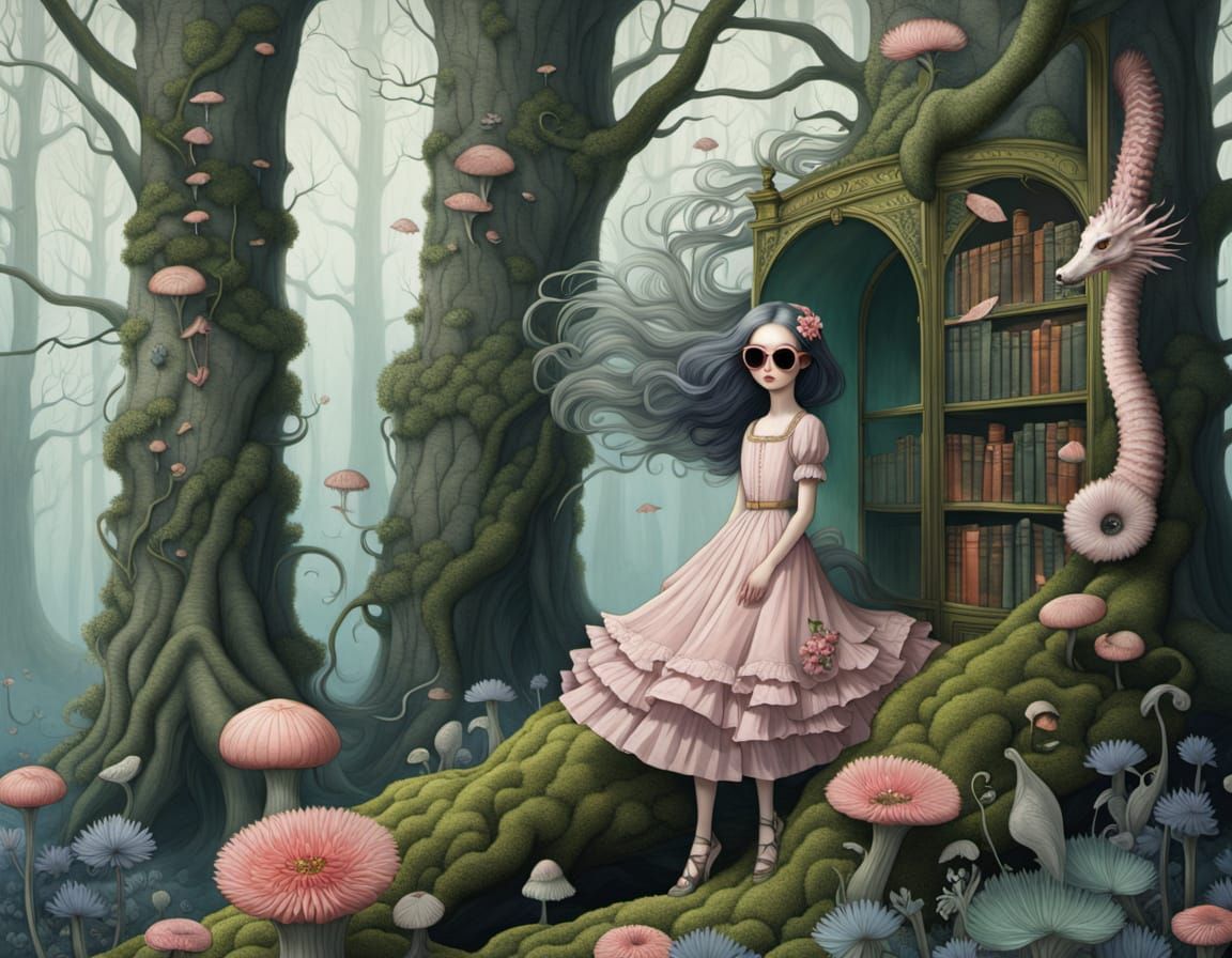 Surreal Forest Librarian in Rococo Dress