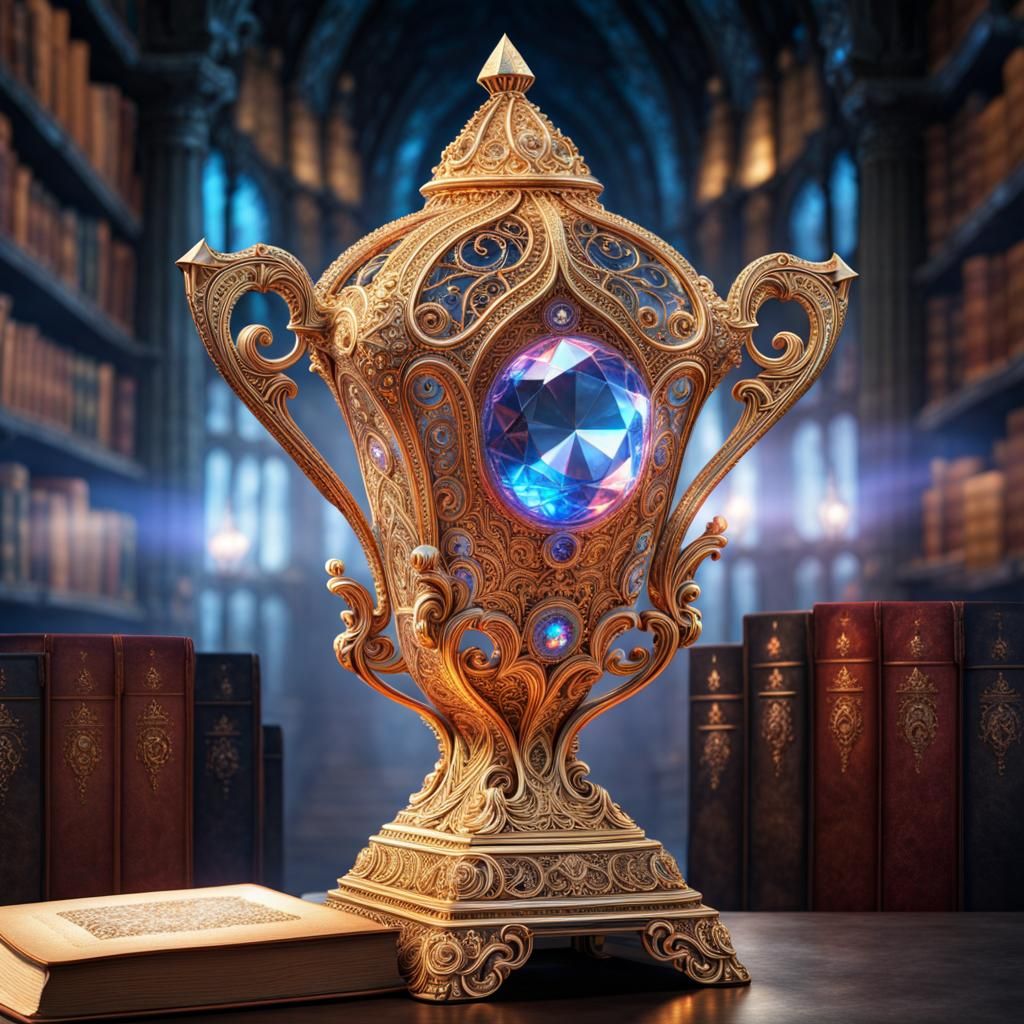 Enchanted Crystal Trophy in a Wizard's Library