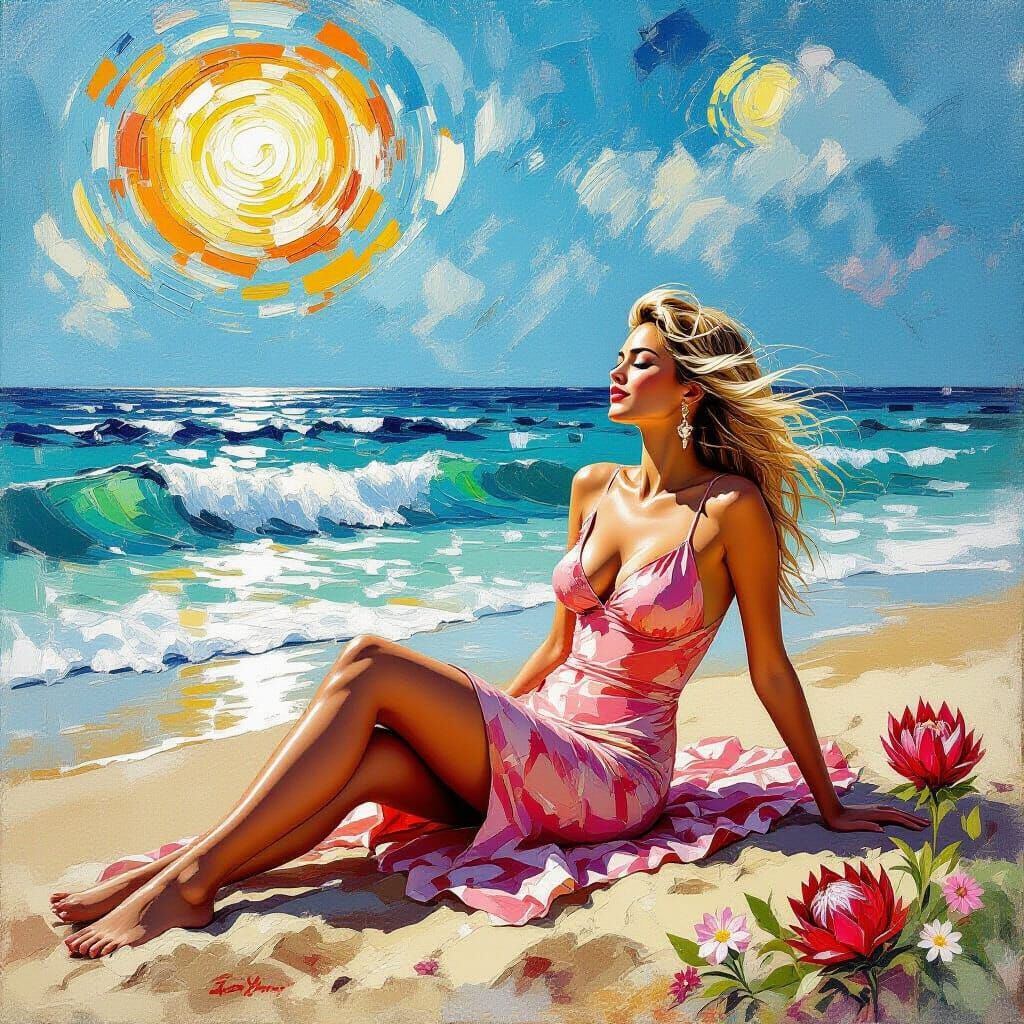 Golden Hour Beach Scene with Woman in Oil Painting Style
