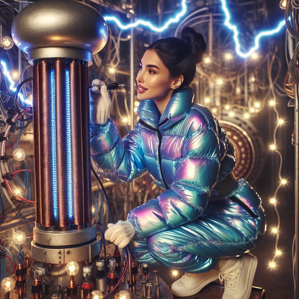 Hispanic Electrician Building Tesla Coil in Iridescent Workw...
