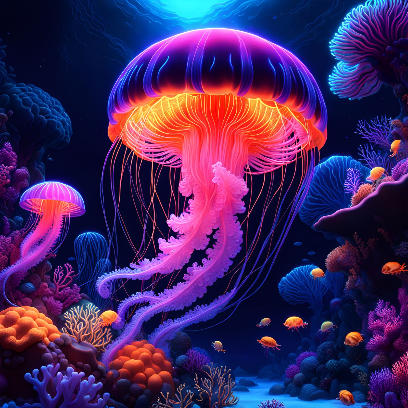 Neon Jellyfish in Black Light Coral Reef