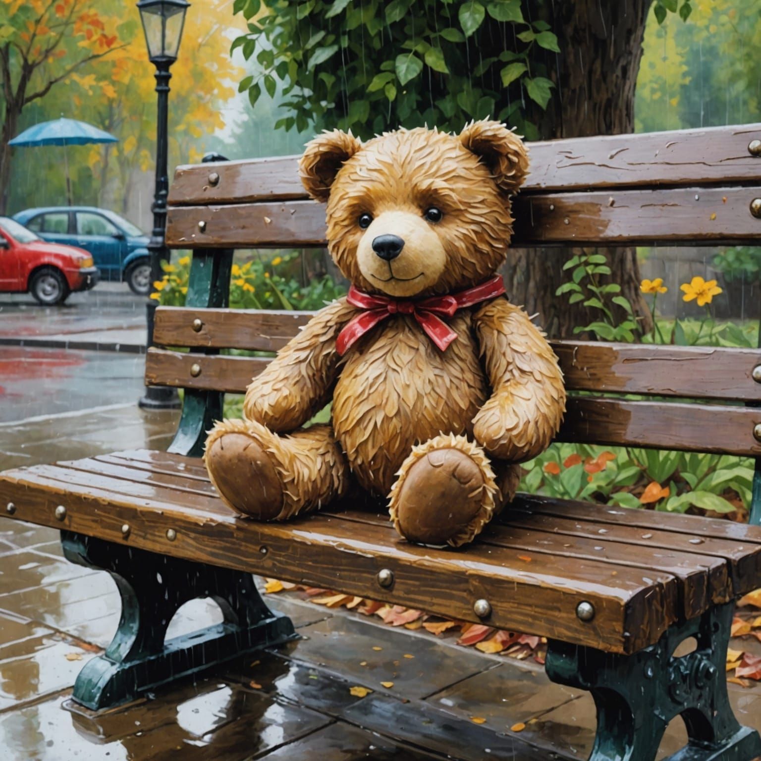 Teddy Bear in Gouache Style on Rainy Bench