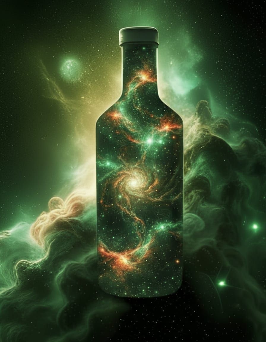 Cosmic Bottle with Galaxies in Green and Gold Tones