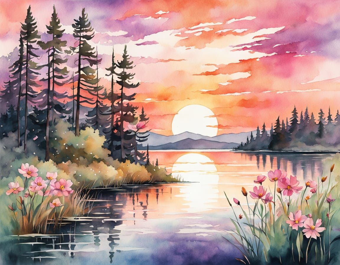 Watercolor Sunset Over Lake with Cosmos Flowers