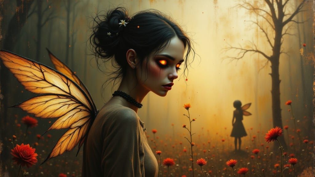 Melancholic Woman with Wings in Ethereal Style