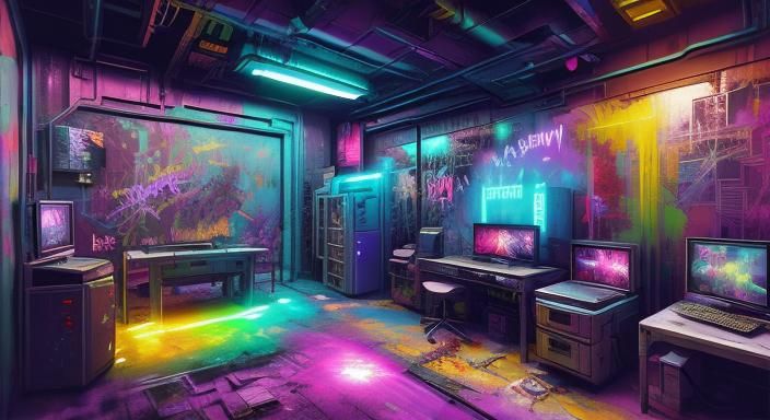 a cyberpunk gaming room