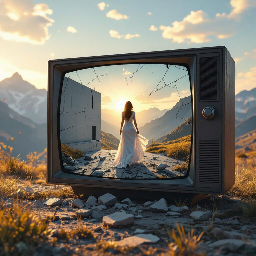 Surreal Figure Emerging from Shattered TV into Mountain Land...
