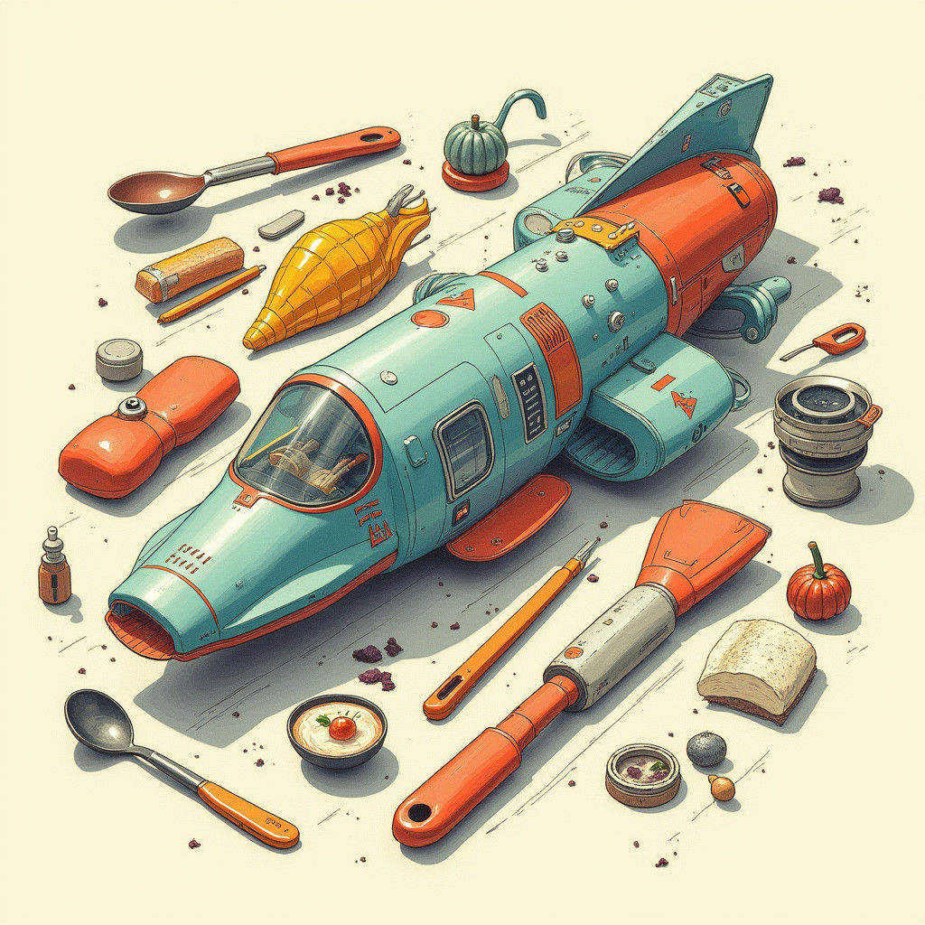 Futuristic Kitchen Gadget in Stylized Color Pencil Sketch