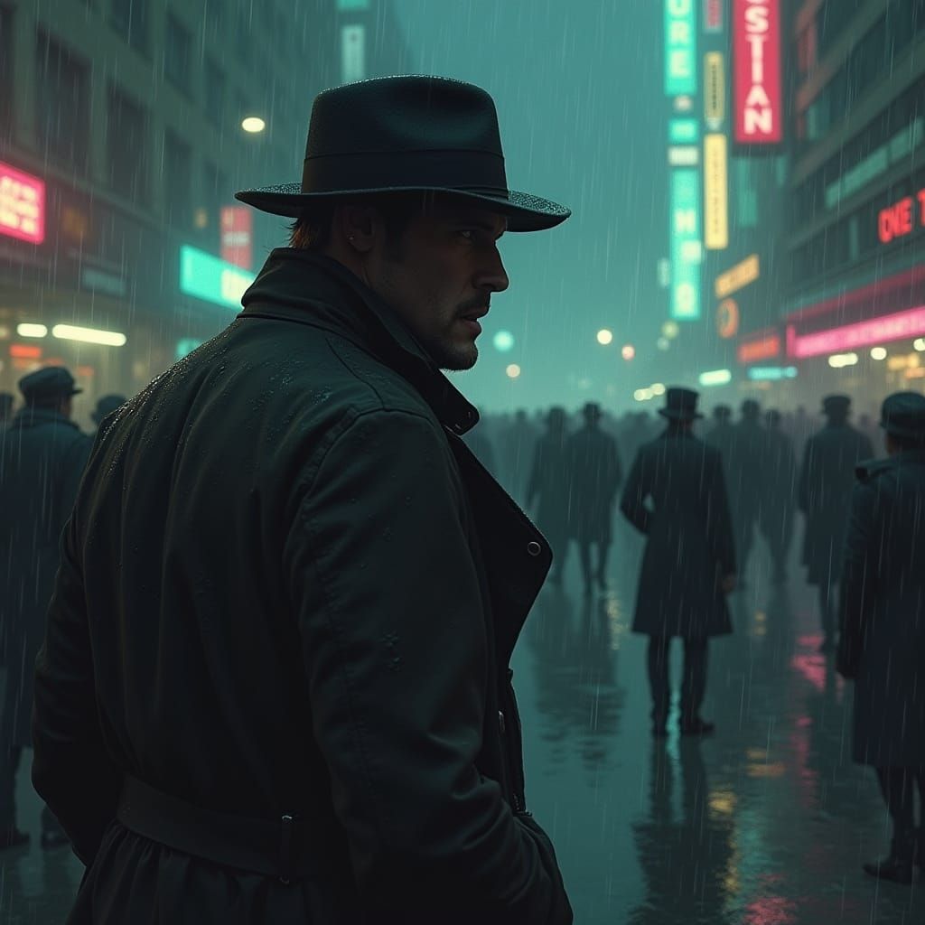 Noir Detective Gazing Longingly in Rainy City Night