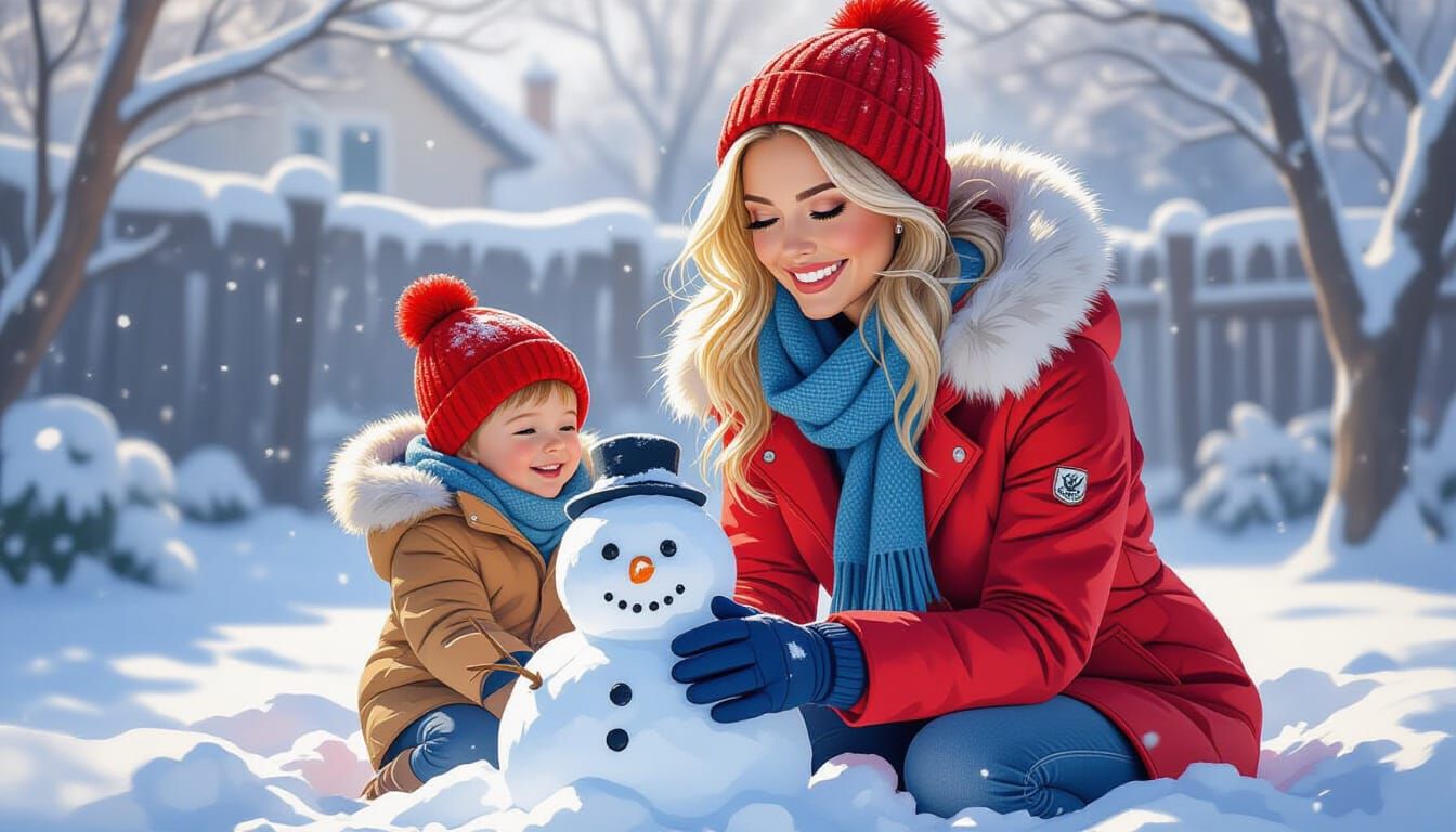Woman and Children Build Snowman in Winter Garden Comic Art
