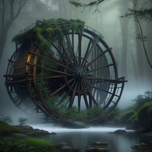 Majestic Waterwheel in Mystical Forest