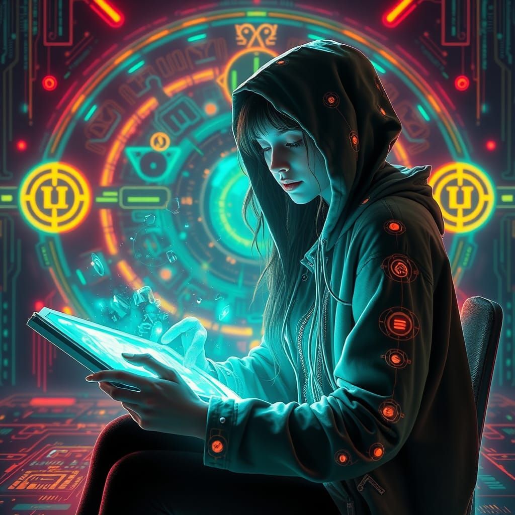 Cyberpunk Witch Conjuring Digital Spells in Cyberspace