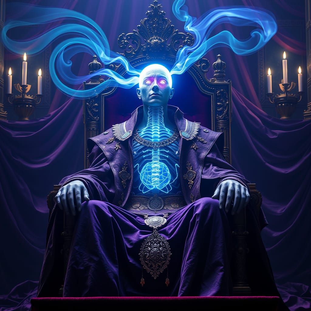 Monarch Surrounded by Opulent Drapery and Glowing Mechanical...