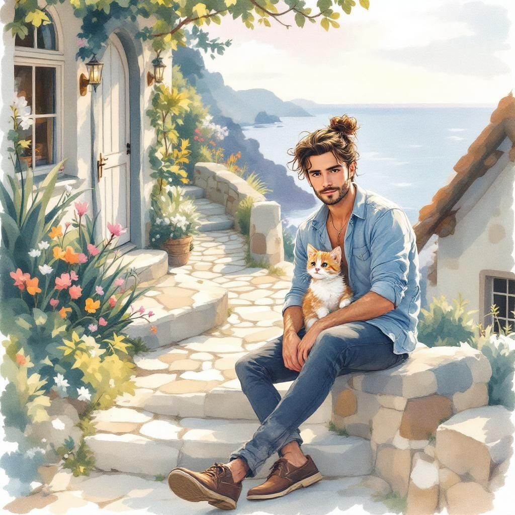 Man with Kitten at Cottage, Watercolor Painting