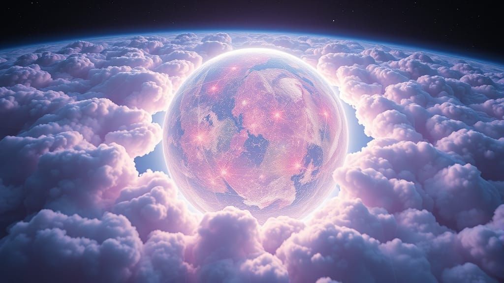 Hexagonal Cloud Net Protecting Planet in Dreamlike Style