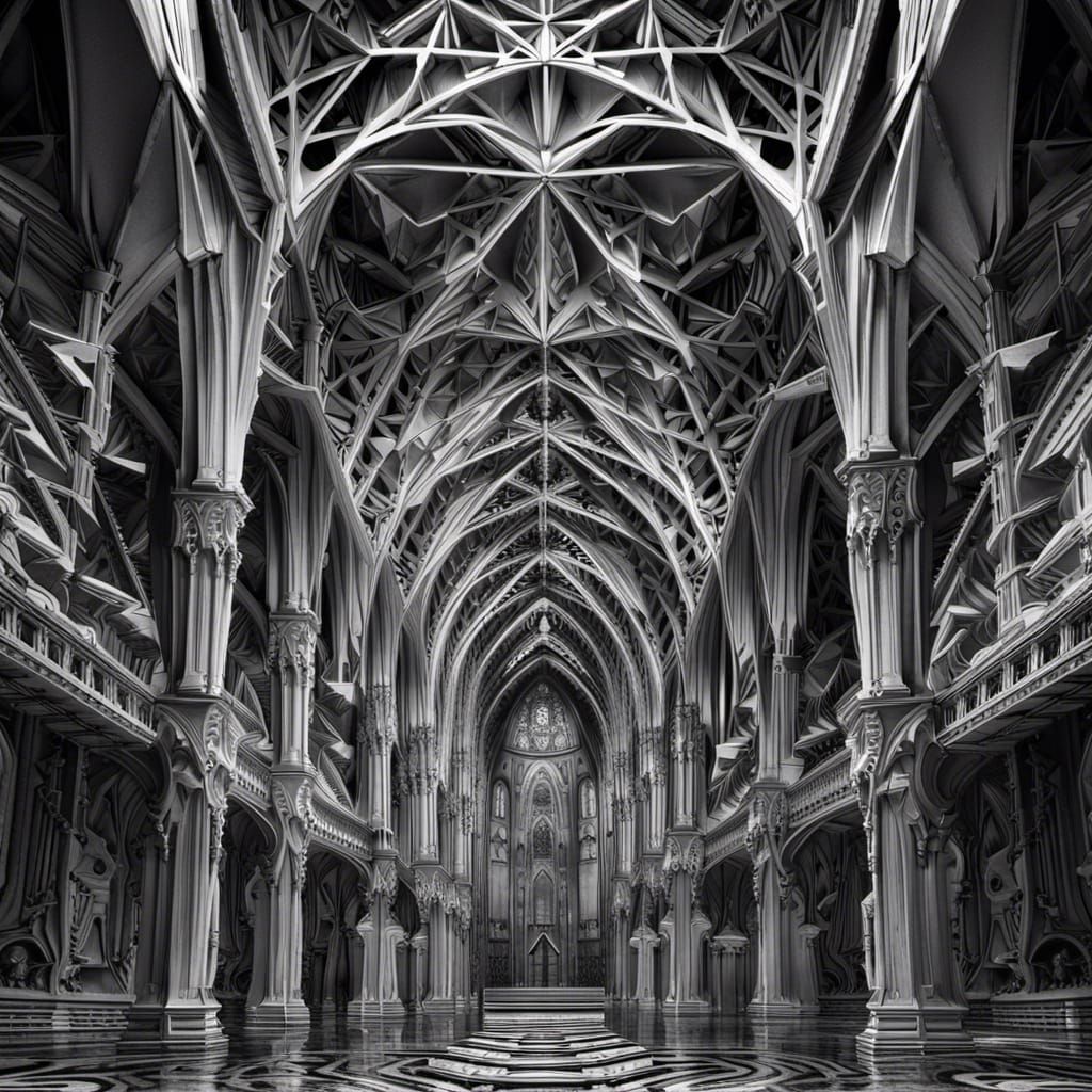 Hyperrealistic Origami Cathedral in Black and White
