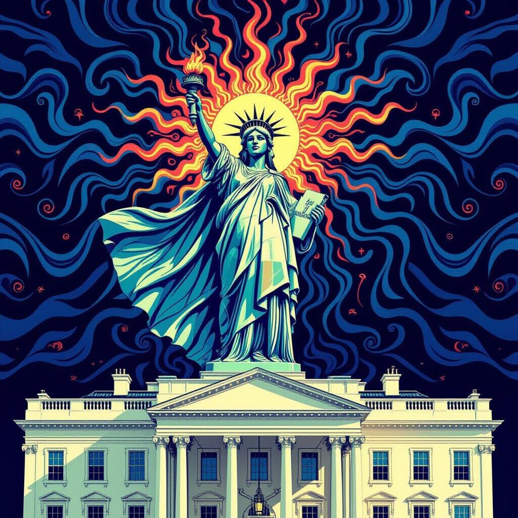 Lady Liberty Sings atop White House in Fractal Illustration