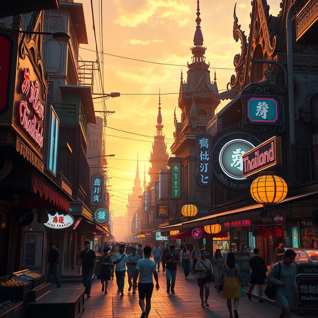 Surreal Thai Street Scene at Dusk, in Cyberpunk Style