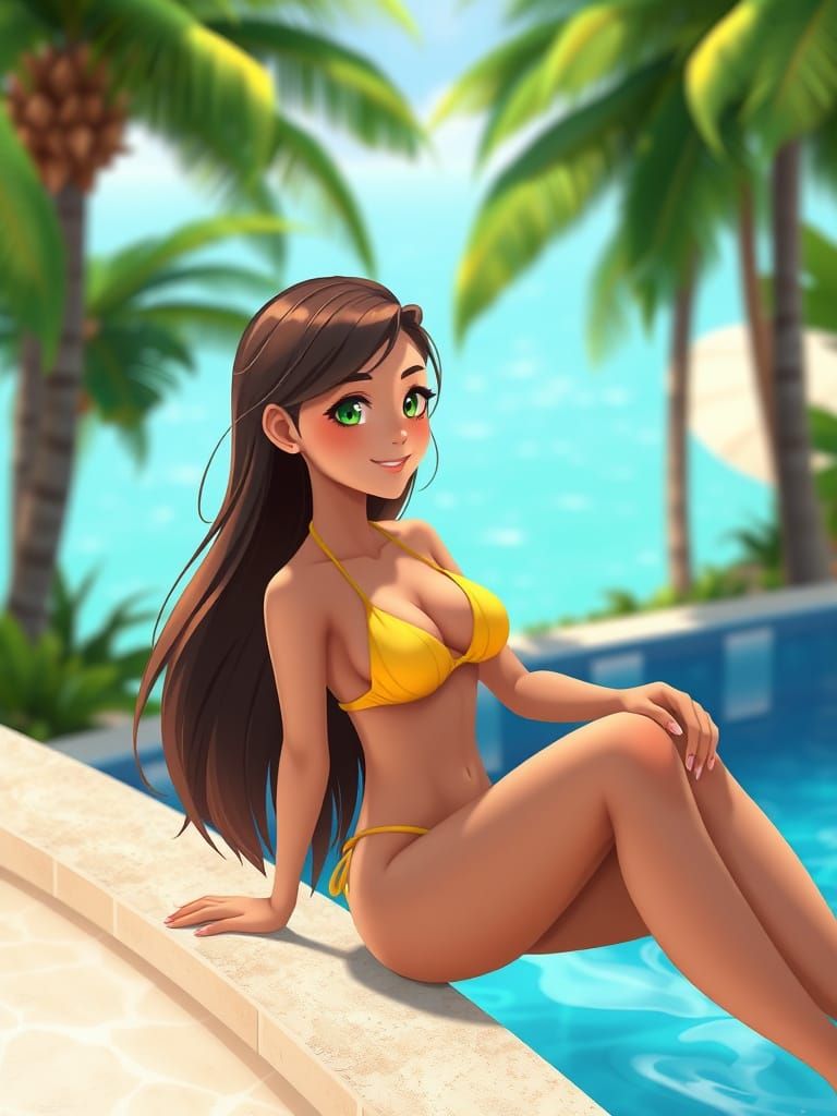 Vibrant Tropical Island Goddess in Digital Anime Style