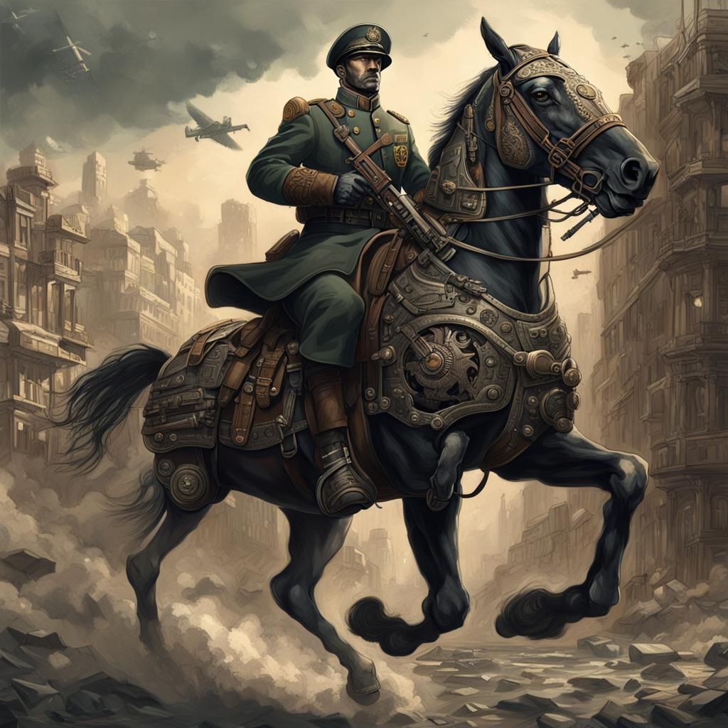 Dieselpunk Military Officer Riding a Horse