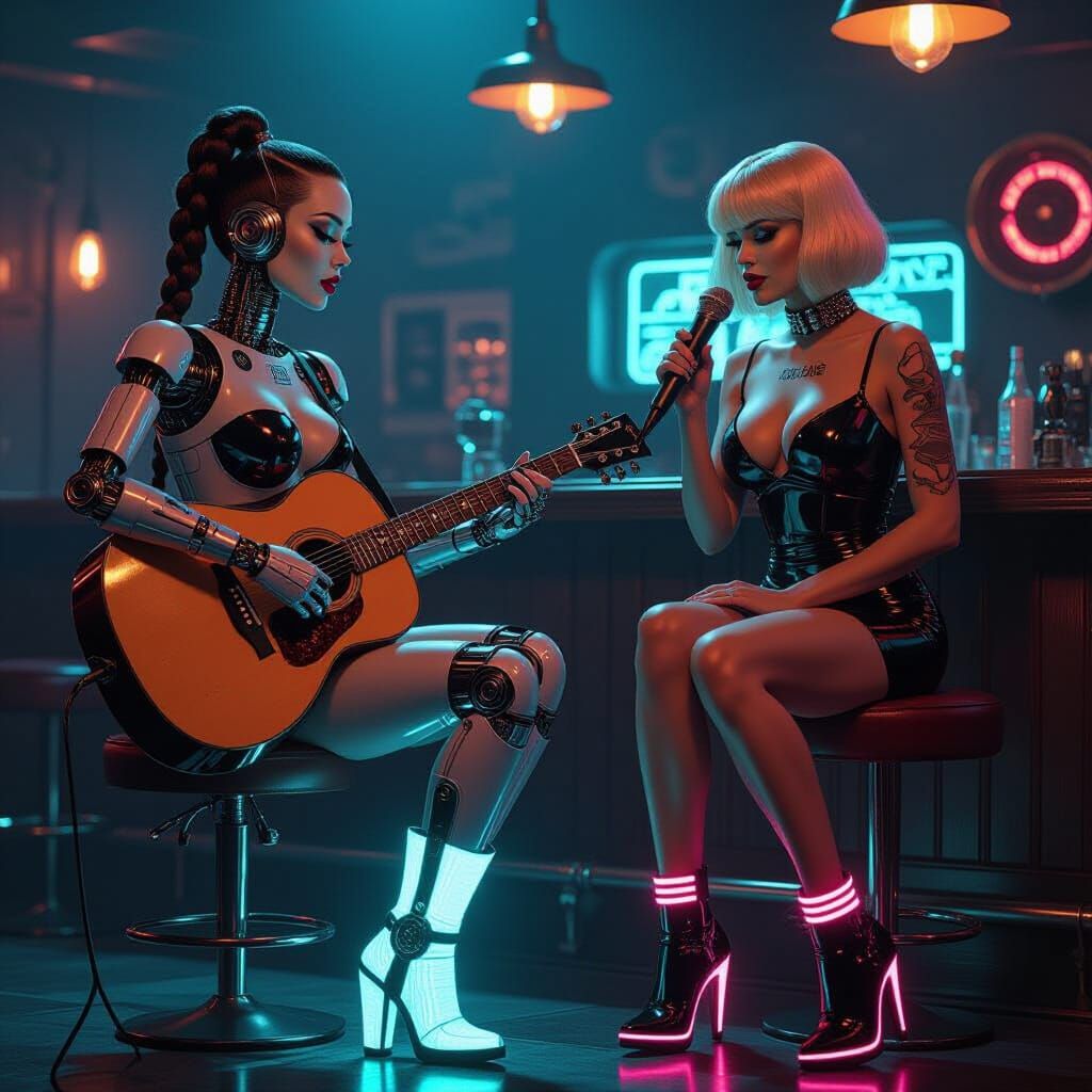 Futuristic Bar Scene with Robot and Musician in Latex