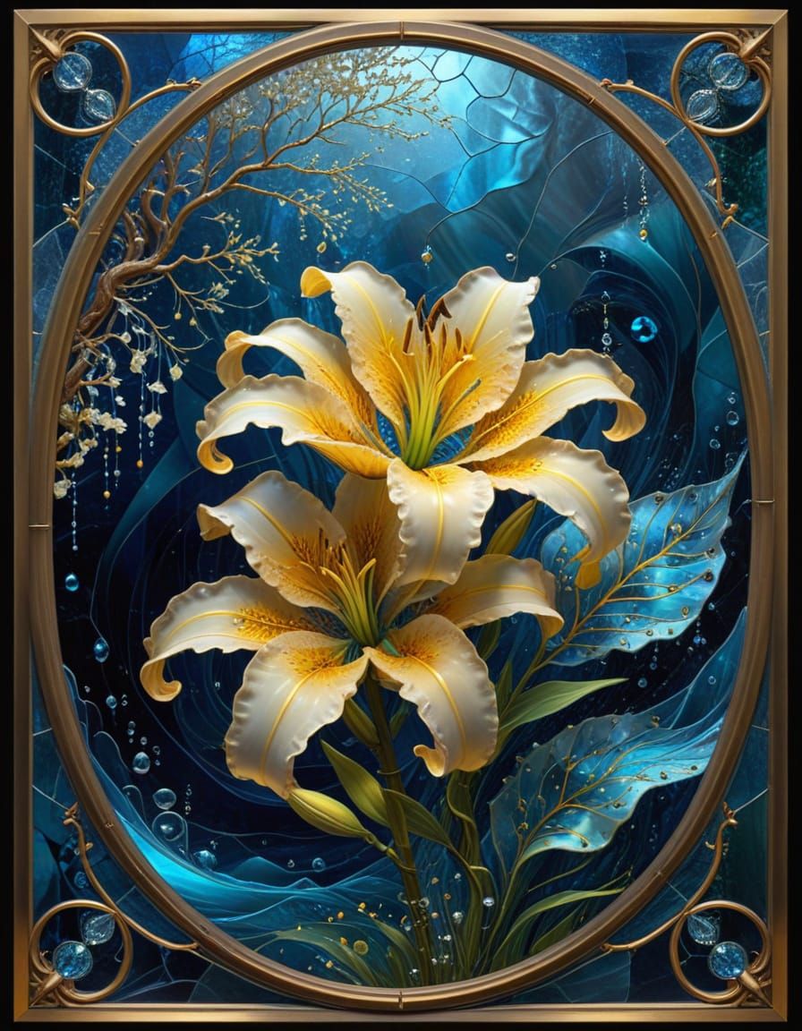Victorian Stained Glass Lilies in Futuristic Fantasy Style