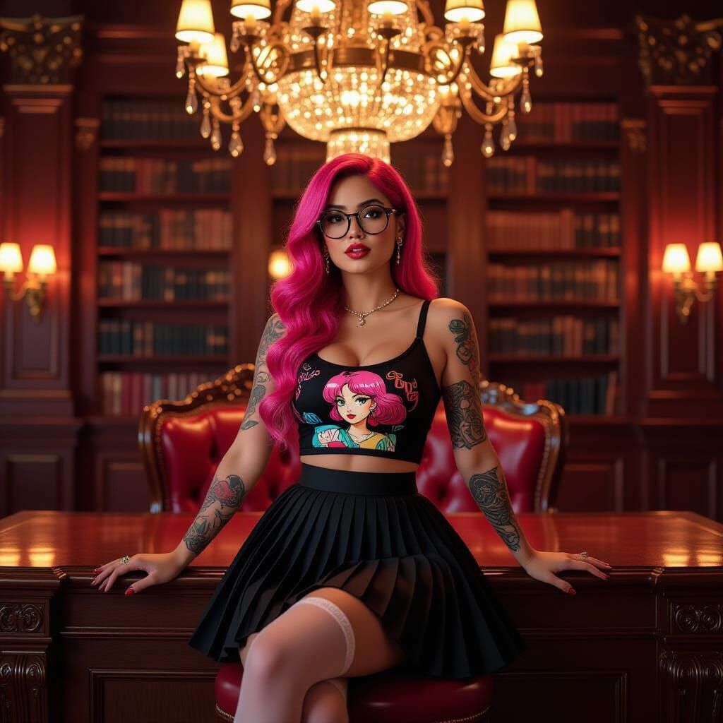 Stunning Filipina in Retro Library, Art Nouveau Style