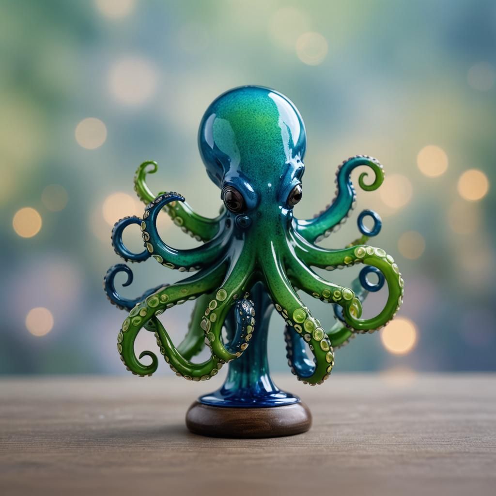 Enameled Glass Octopus Figurine on Stand