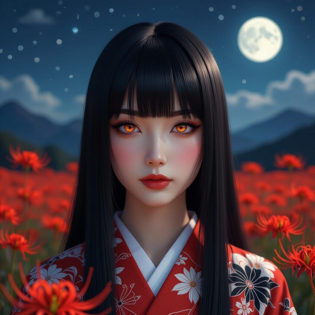 Japanese Woman in Kimono Under Full Moon
