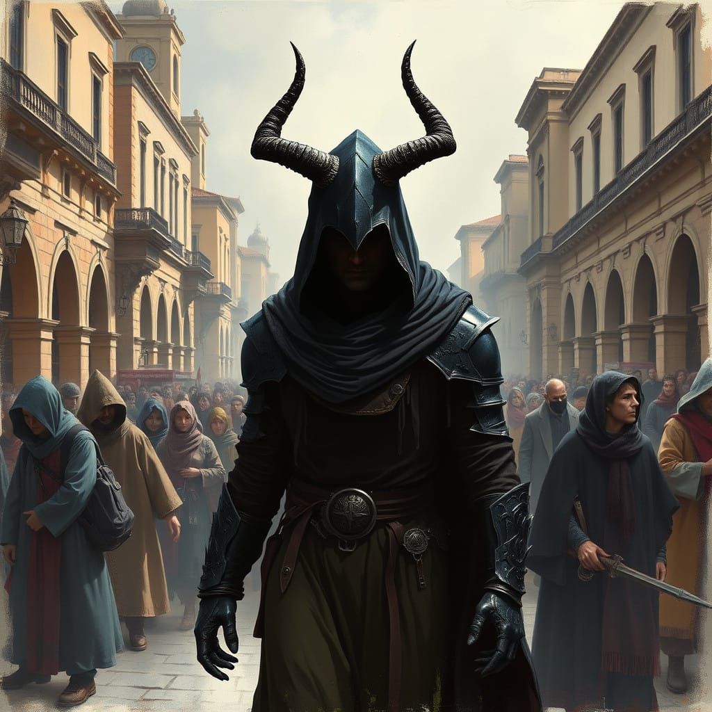 Mysterious Figure Walks Through Roman Town Square in Dark, O...