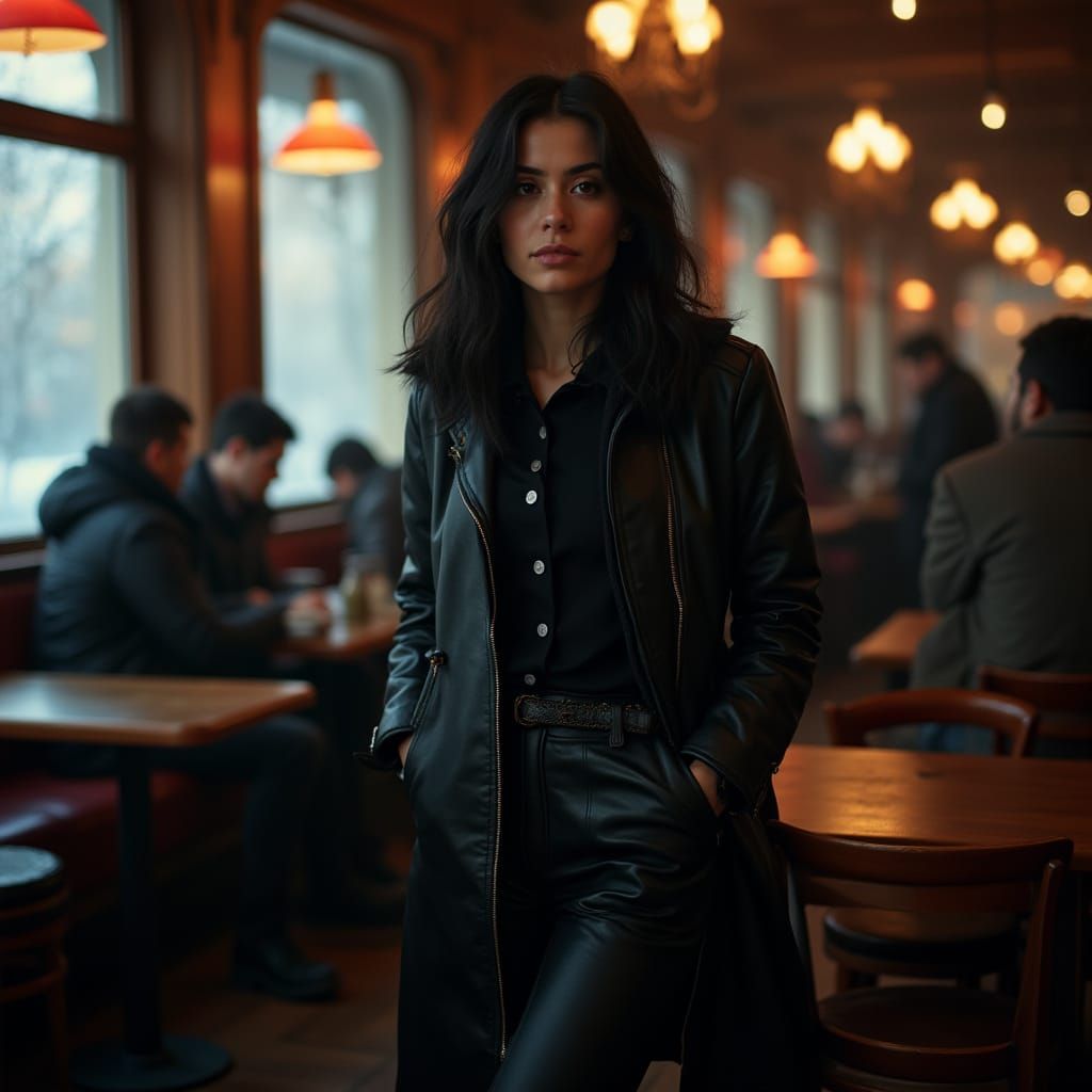 Realistic Photo: Woman in Leather Coat at Russian Teahouse