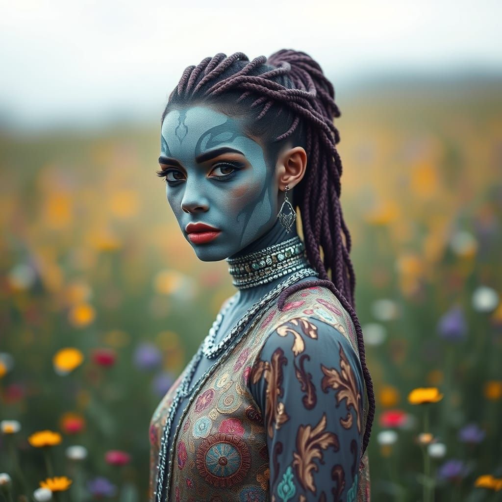 Defiant Woman in Wildflower Field: Digital Painting