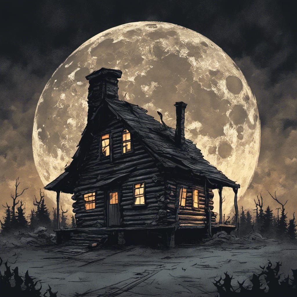 Sinister Cabin in Spooky Woods Under Evil Moon