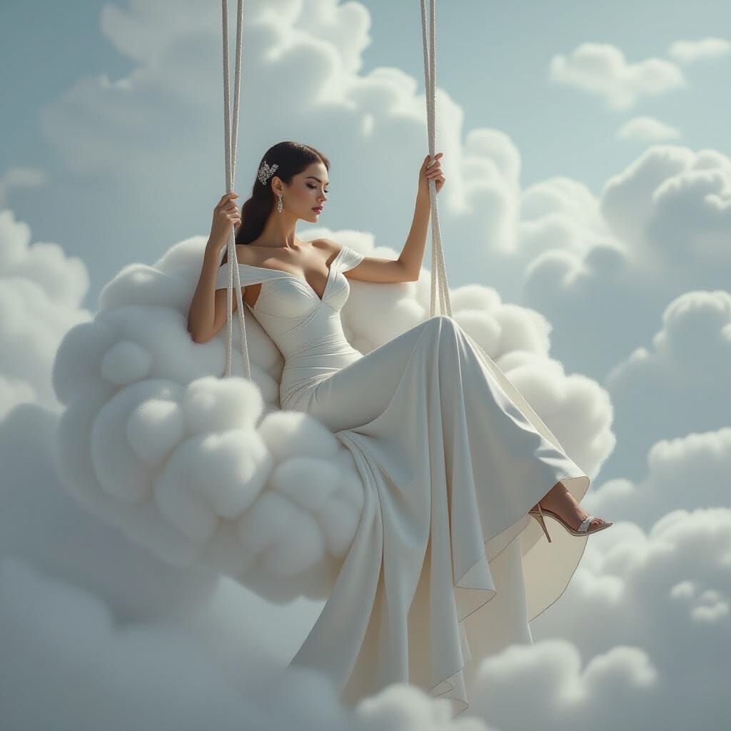 Ethereal Woman Swinging on Cloud in Dreamscape