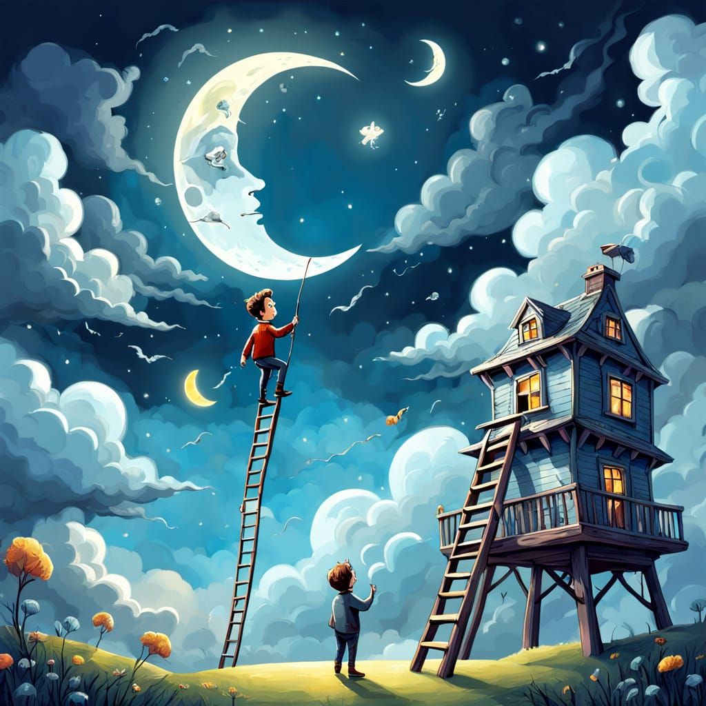 Man Inflates Clouds on Ladder Under Half Moon